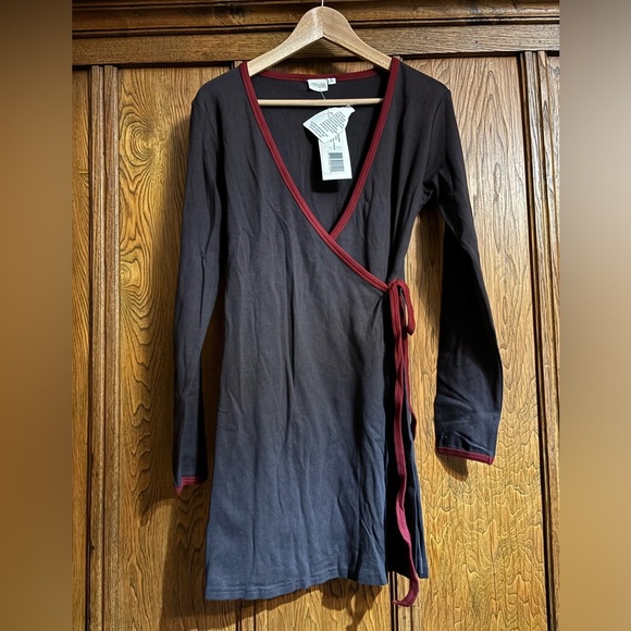 JOY ORGANIC dark brown & red cotton tunic top wrap dress. Long sleeve. Small. - Picture 1 of 4